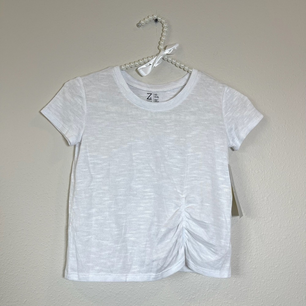 Z by Zella Girls White Slub Knit Side Ruched Short Sleeve Tee Shirt XS 5-6 NEW
